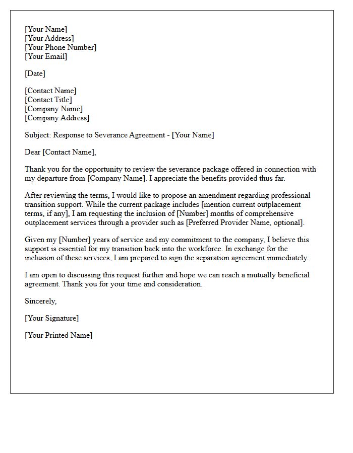 Outplacement Services Severance Counteroffer Response Letter