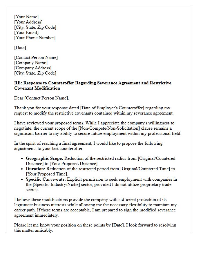 Restrictive Covenant Modification Severance Counteroffer Response Letter