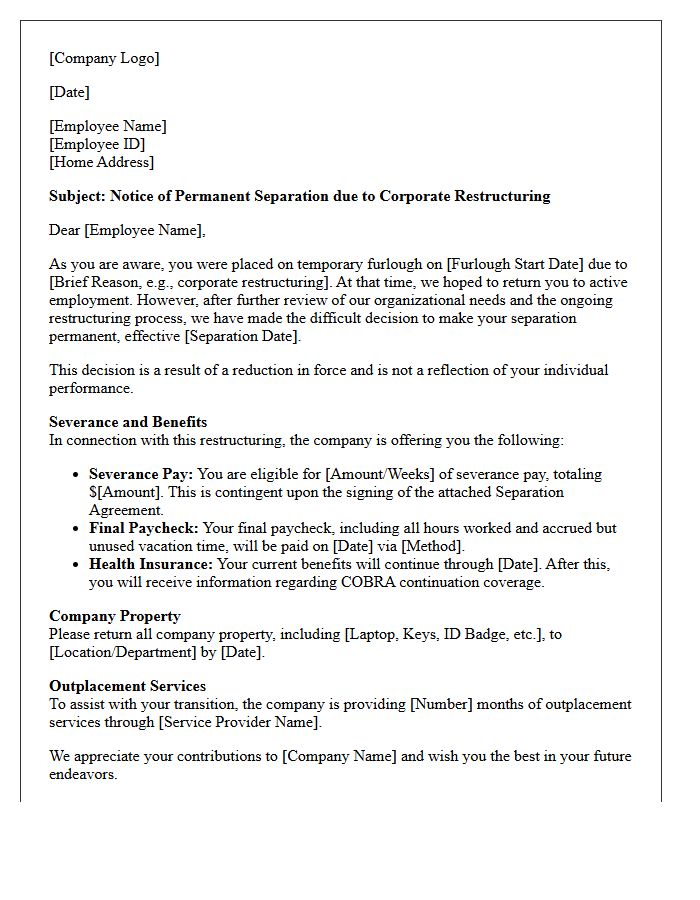 Corporate Restructuring Furlough to Permanent Severance Letter