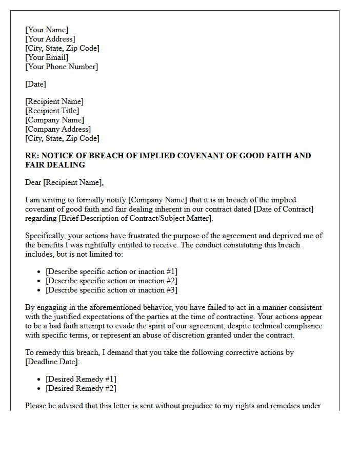 Breach of Implied Covenant and Bad Faith Letter