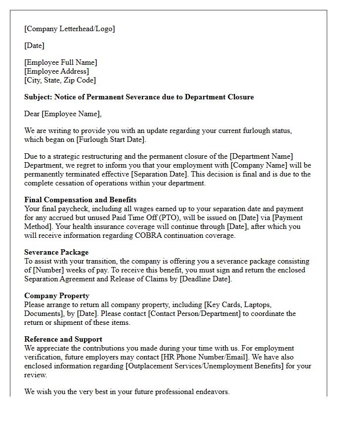 Department Closure Furlough to Permanent Severance Letter
