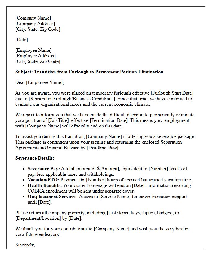 Position Elimination Furlough to Permanent Severance Letter