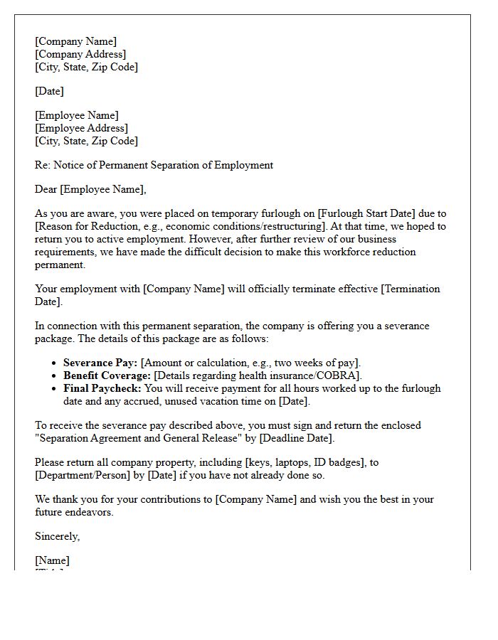 Workforce Reduction Furlough to Permanent Severance Letter