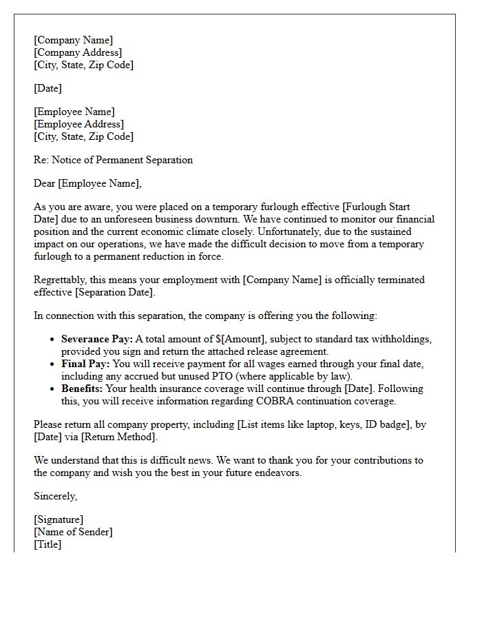 Business Downturn Furlough to Permanent Severance Letter