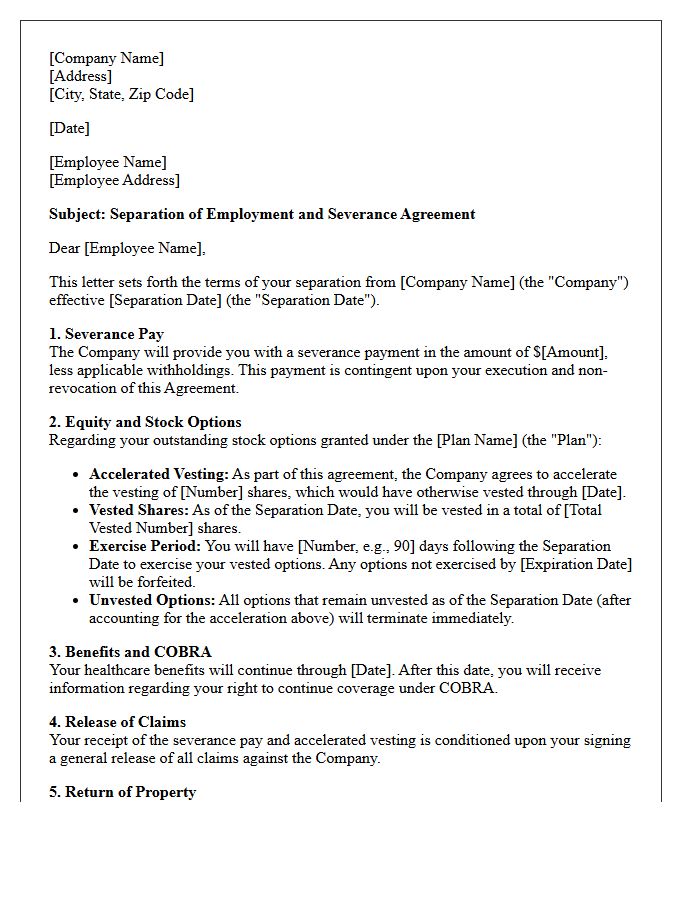Standard Severance Letter With Stock Option Vesting Terms