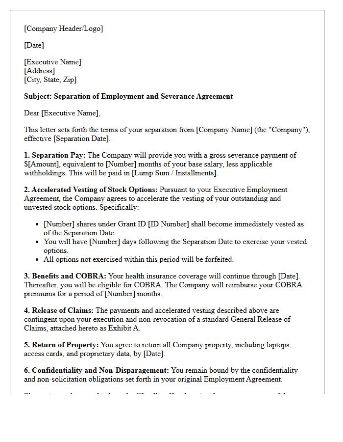 Executive Severance Letter With Accelerated Stock Option Vesting Terms