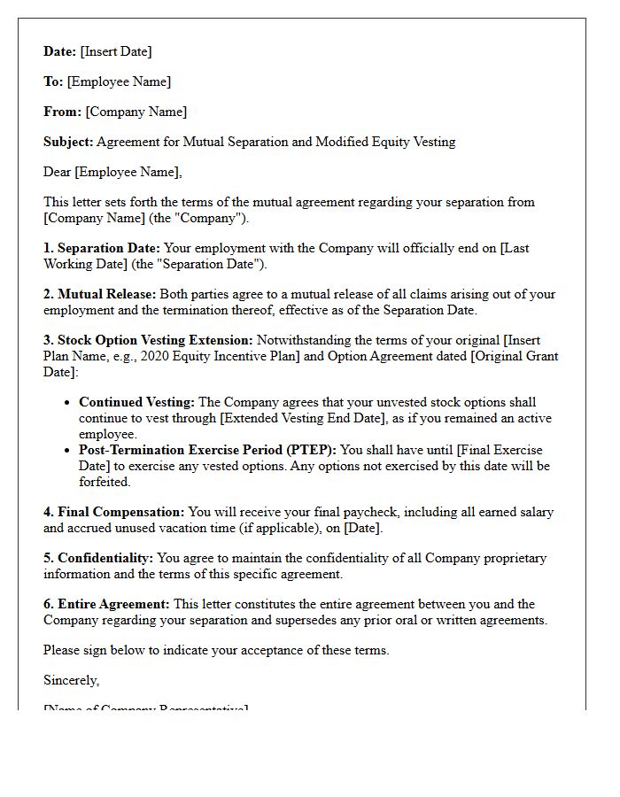 Mutual Separation Letter With Extended Stock Option Vesting Terms