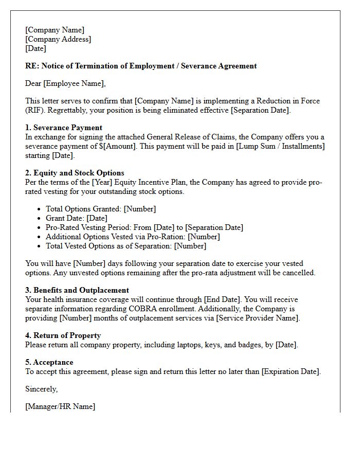 Reduction In Force Severance Letter With Pro-Rated Stock Option Vesting Terms