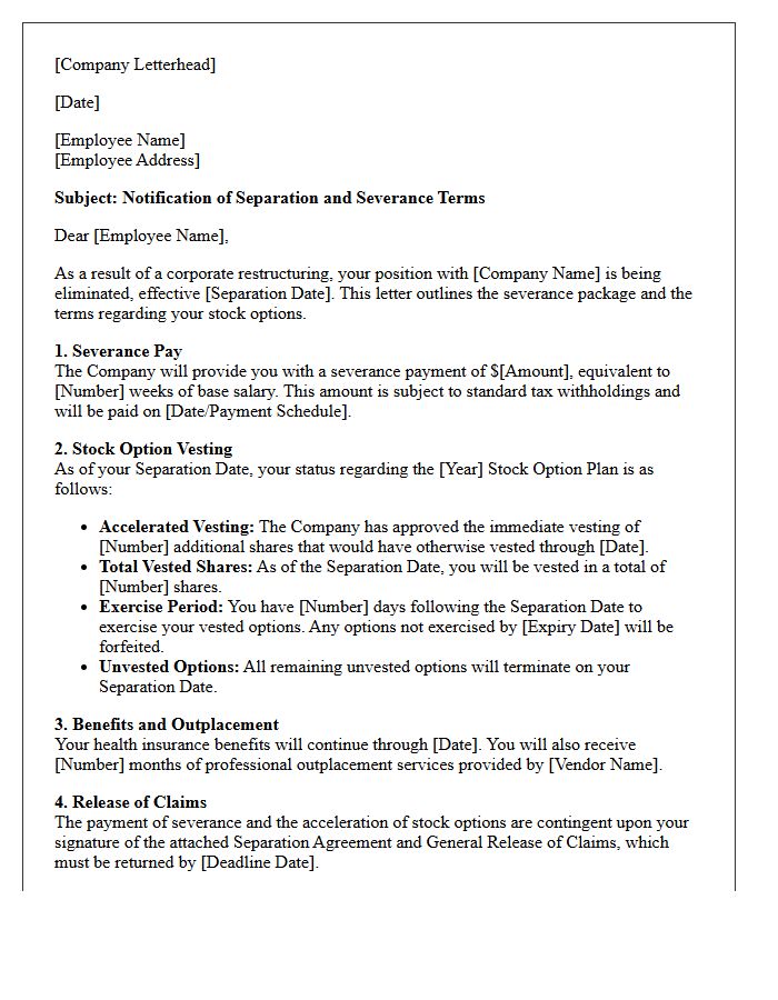 Corporate Restructuring Severance Letter With Stock Option Vesting Terms