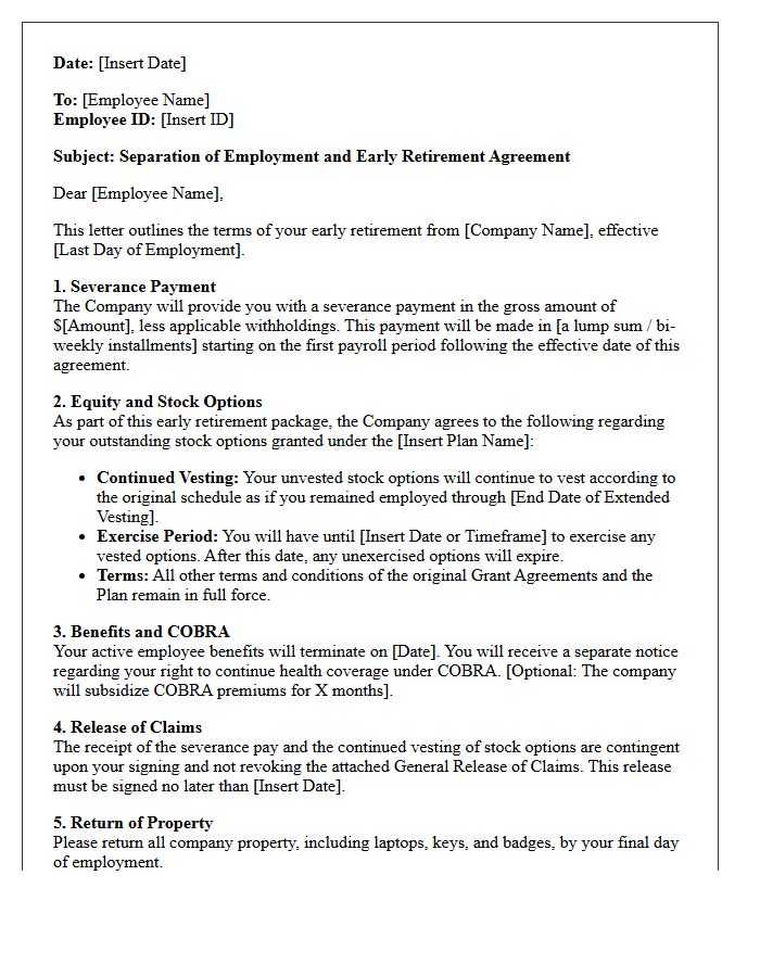 Early Retirement Severance Letter With Continued Stock Option Vesting Terms