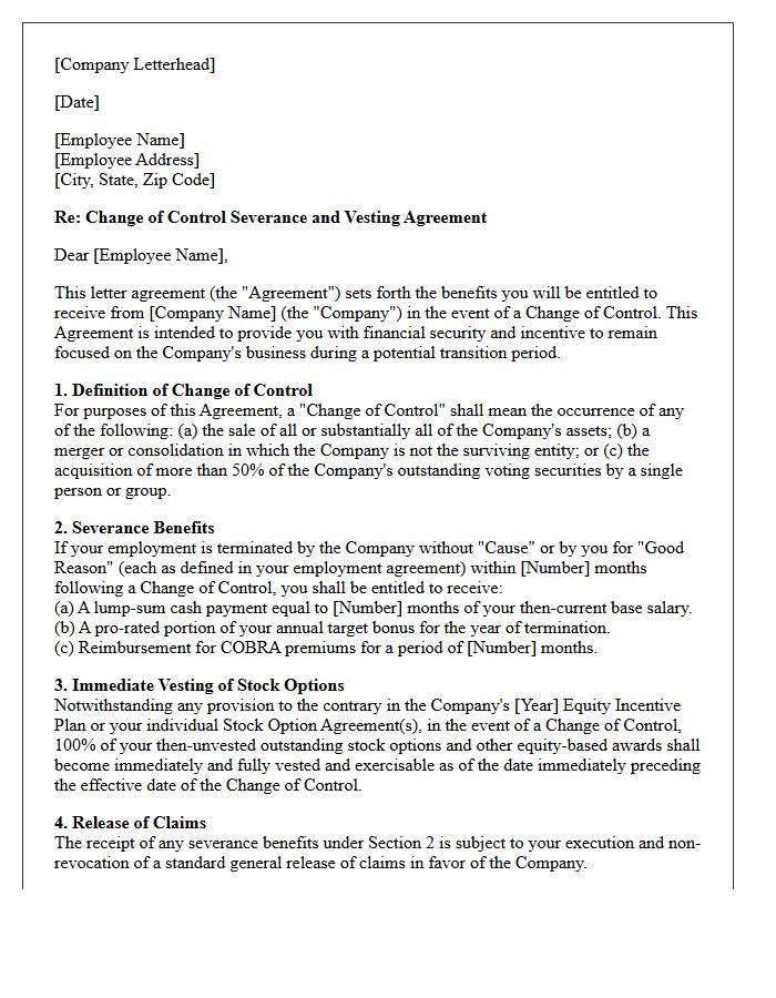 Change Of Control Severance Letter With Immediate Stock Option Vesting Terms