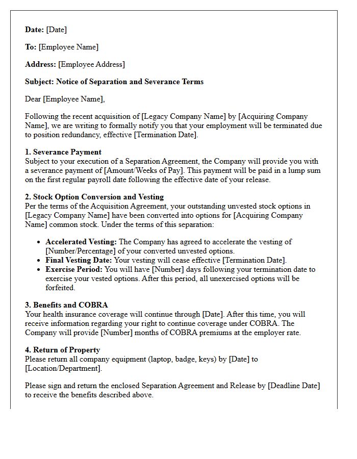 Post-Acquisition Severance Letter With Converted Stock Option Vesting Terms