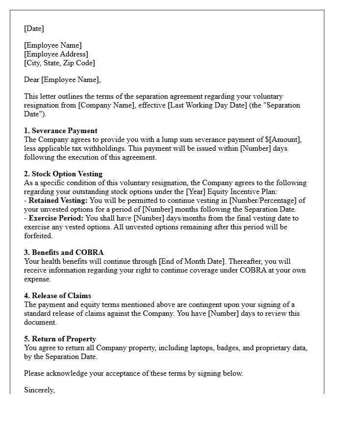 Voluntary Resignation Severance Letter With Retained Stock Option Vesting Terms