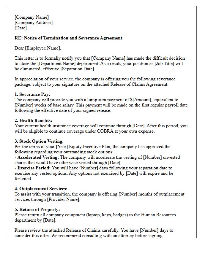 Department Closure Severance Letter With Stock Option Vesting Terms