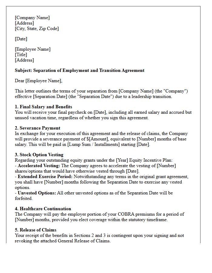 Leadership Transition Severance Letter With Custom Stock Option Vesting Terms