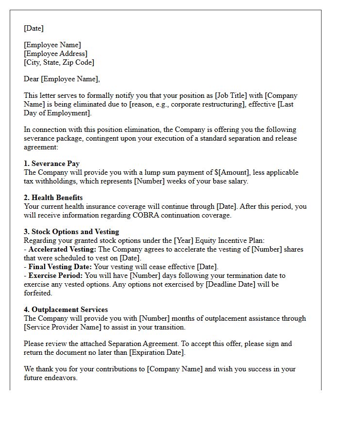 Position Elimination Severance Letter With Stock Option Vesting Terms