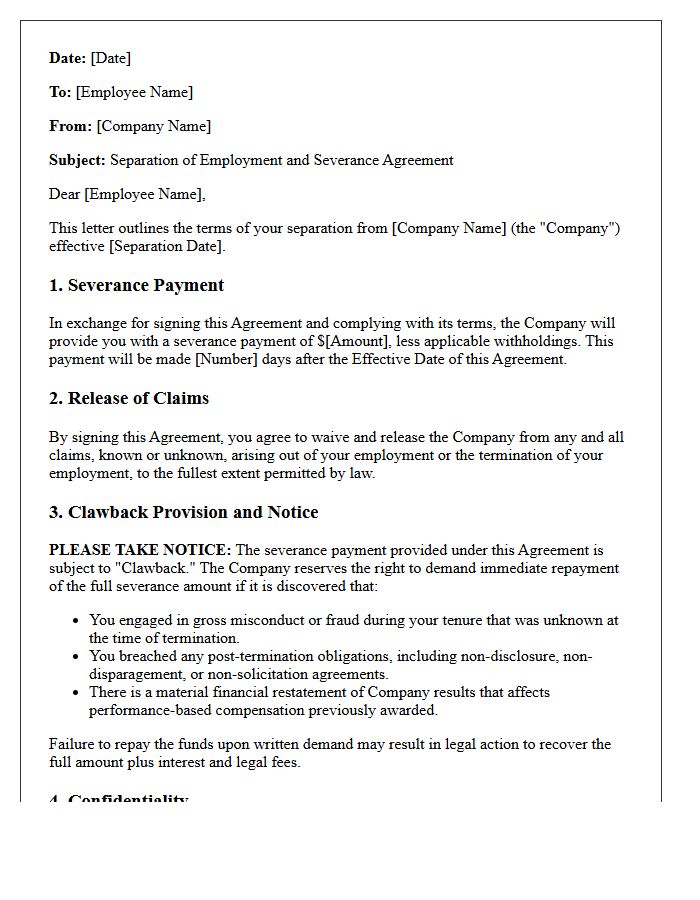 Standard Severance Agreement And Clawback Notice Letter