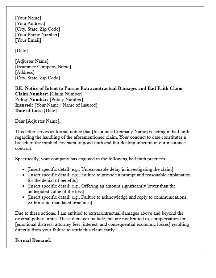 Demand Letter for Extracontractual Damages and Bad Faith