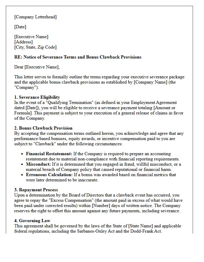 Executive Severance And Bonus Clawback Provision Letter