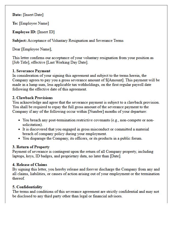 Voluntary Resignation Severance And Clawback Terms Letter