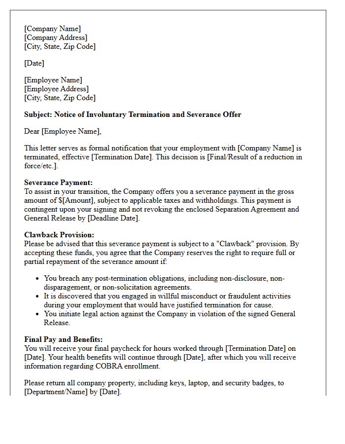 Involuntary Termination Severance With Clawback Notice Letter