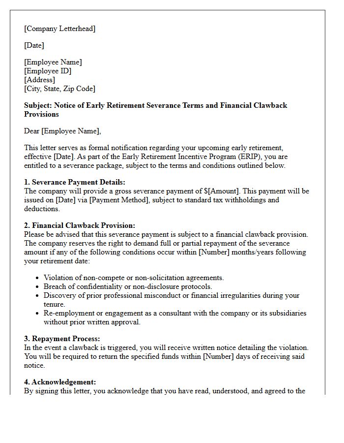 Early Retirement Severance And Financial Clawback Notice Letter