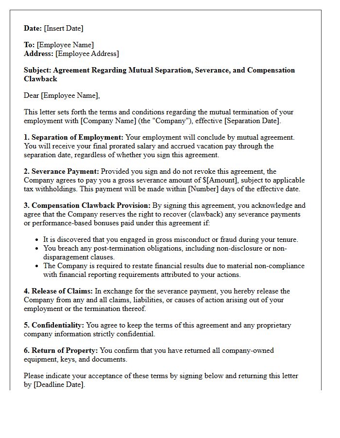 Mutual Separation Severance And Compensation Clawback Letter