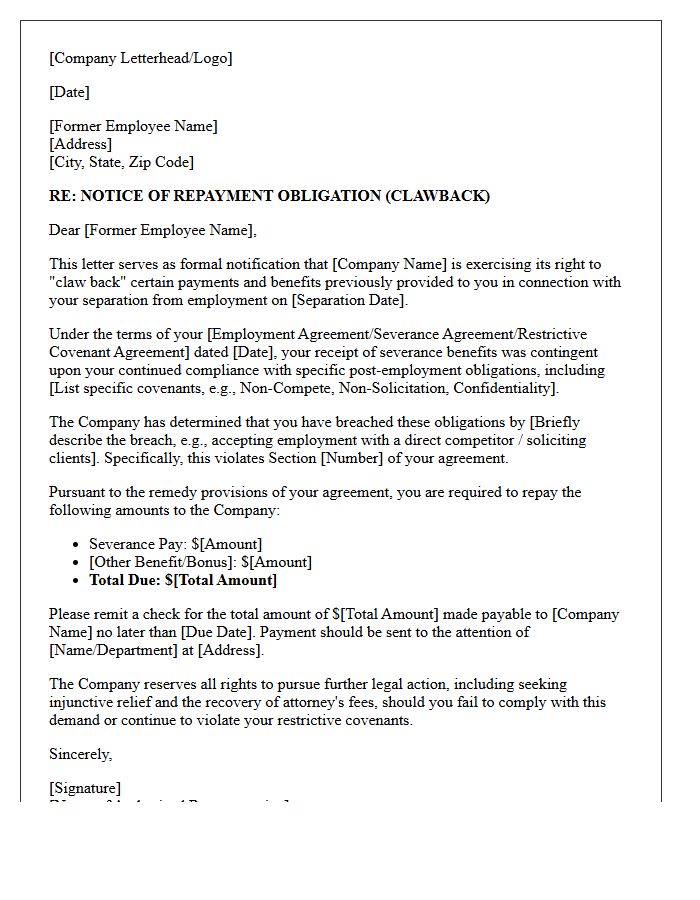 Post-Employment Severance And Restrictive Covenant Clawback Letter