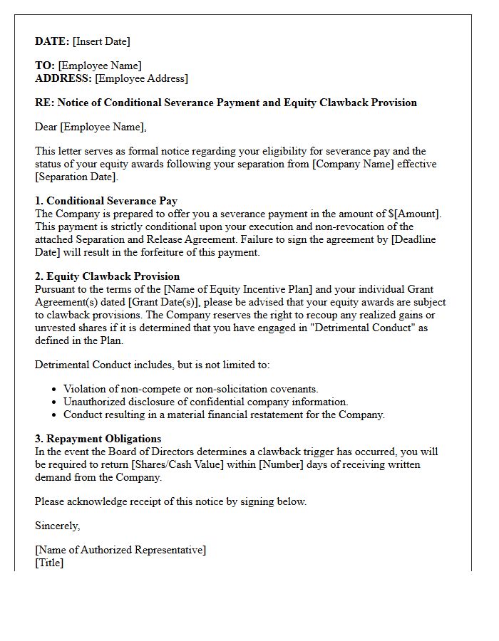 Conditional Severance Pay And Equity Clawback Notice Letter
