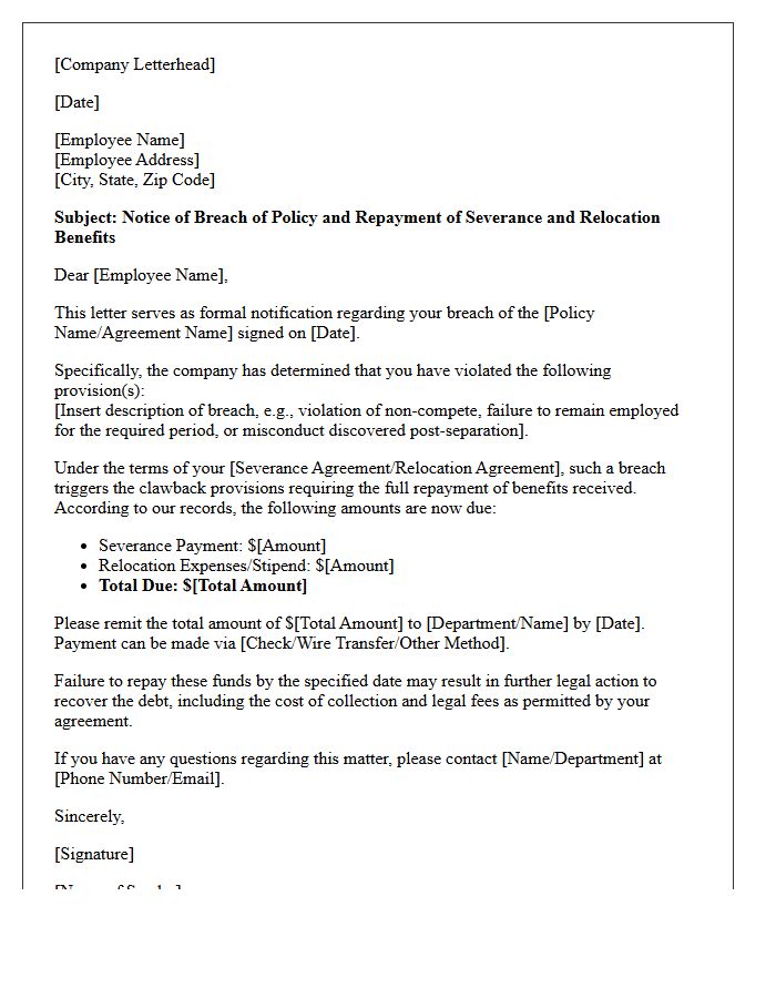 Breach Of Policy Severance And Relocation Clawback Letter