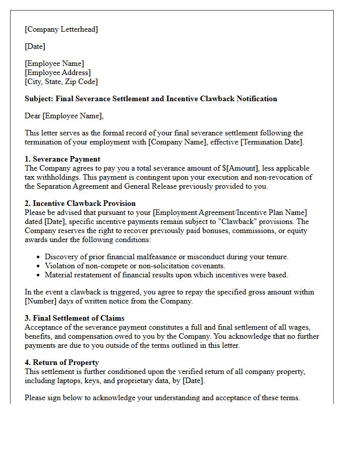 Final Severance Settlement And Incentive Clawback Provision Letter