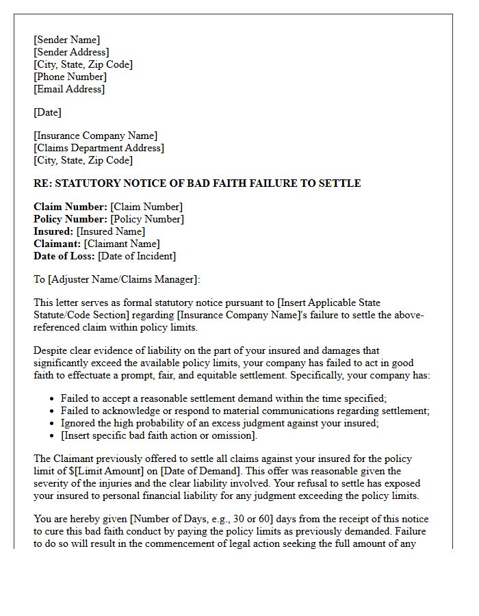 Statutory Bad Faith Failure to Settle Notice Letter