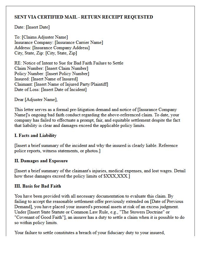 Pre-Litigation Bad Faith Failure to Settle Demand Letter