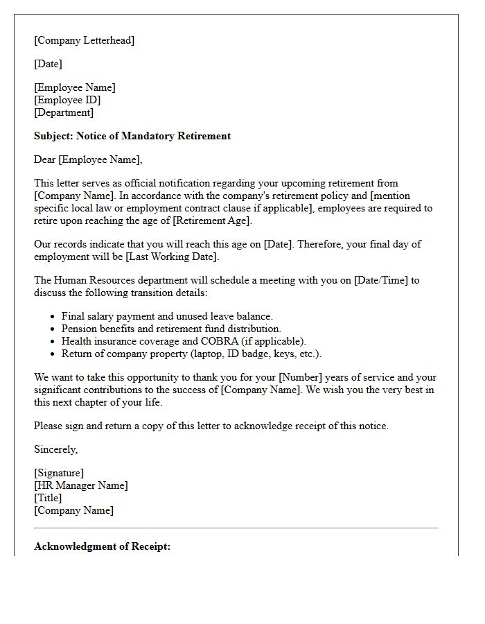 Human Resources Official Mandatory Retirement Letter