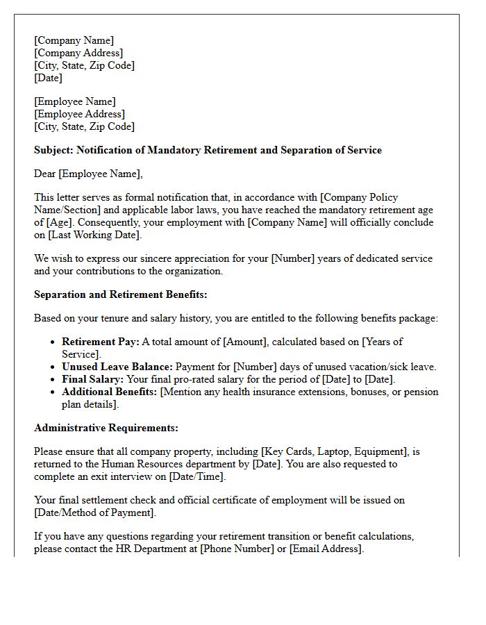 Mandatory Retirement Benefit and Separation Letter