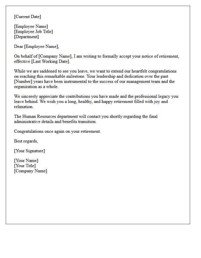 Management Retirement Acceptance and Congratulatory Letter