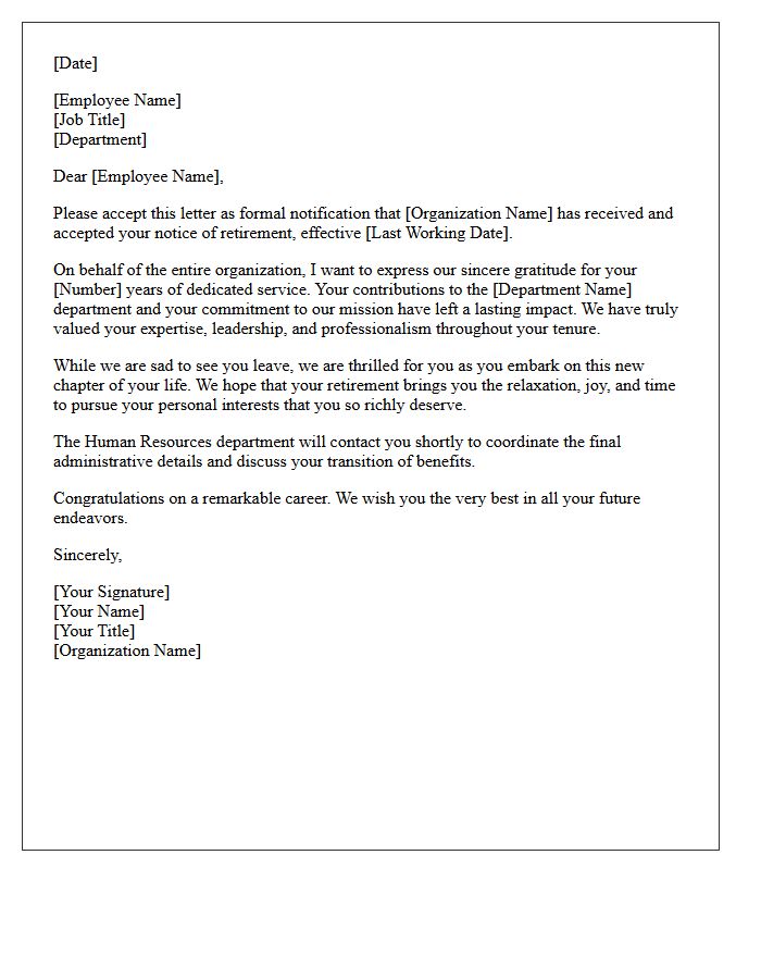 Organizational Retirement Acceptance and Congratulatory Letter