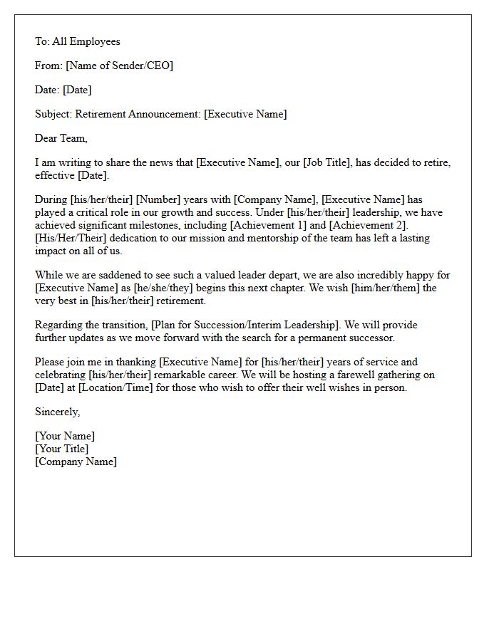 Executive Leadership Internal Retirement Announcement Letter
