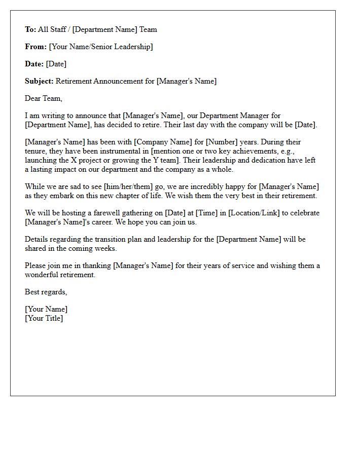 Department Manager Internal Retirement Announcement Letter