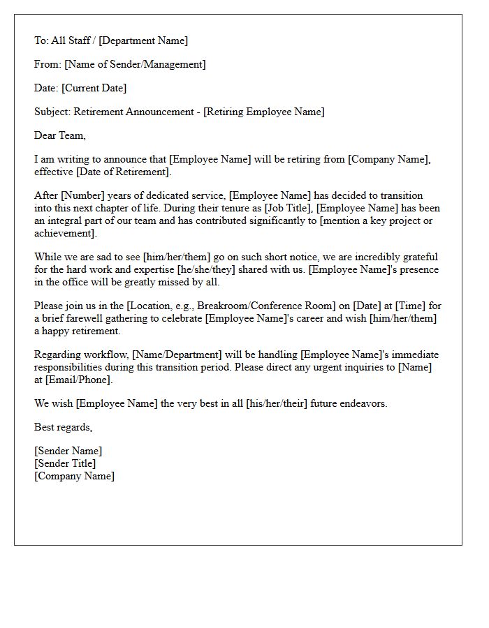 Immediate Internal Company Retirement Announcement Letter