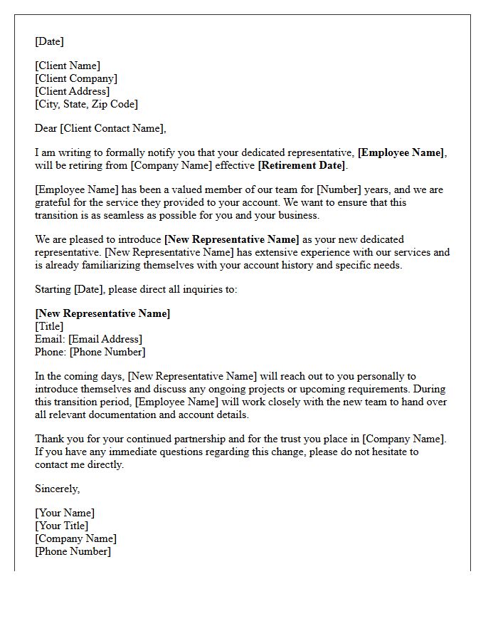 Dedicated Representative Client Notification of Employee Retirement Letter