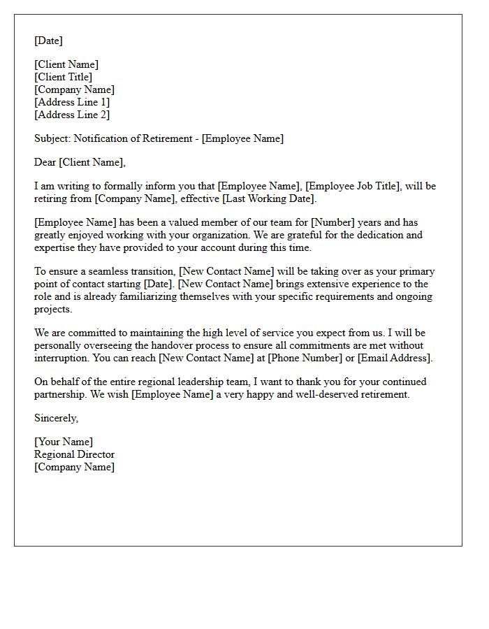 Regional Director Client Notification of Employee Retirement Letter