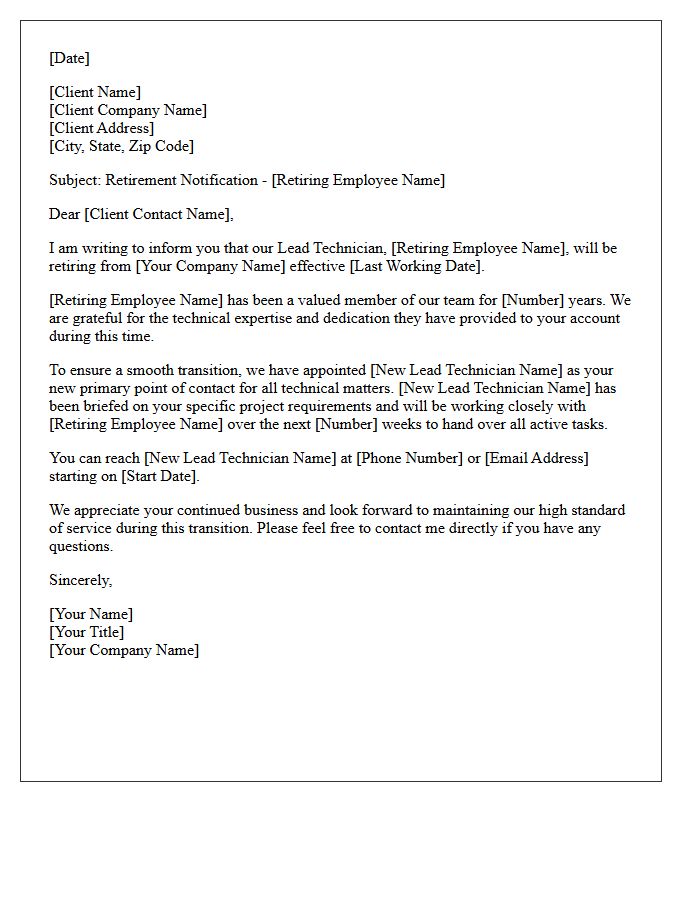 Lead Technician Client Notification of Employee Retirement Letter