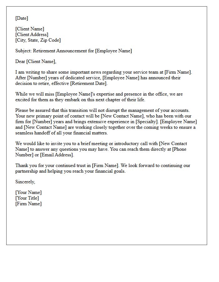 Financial Advisor Client Notification of Employee Retirement Letter