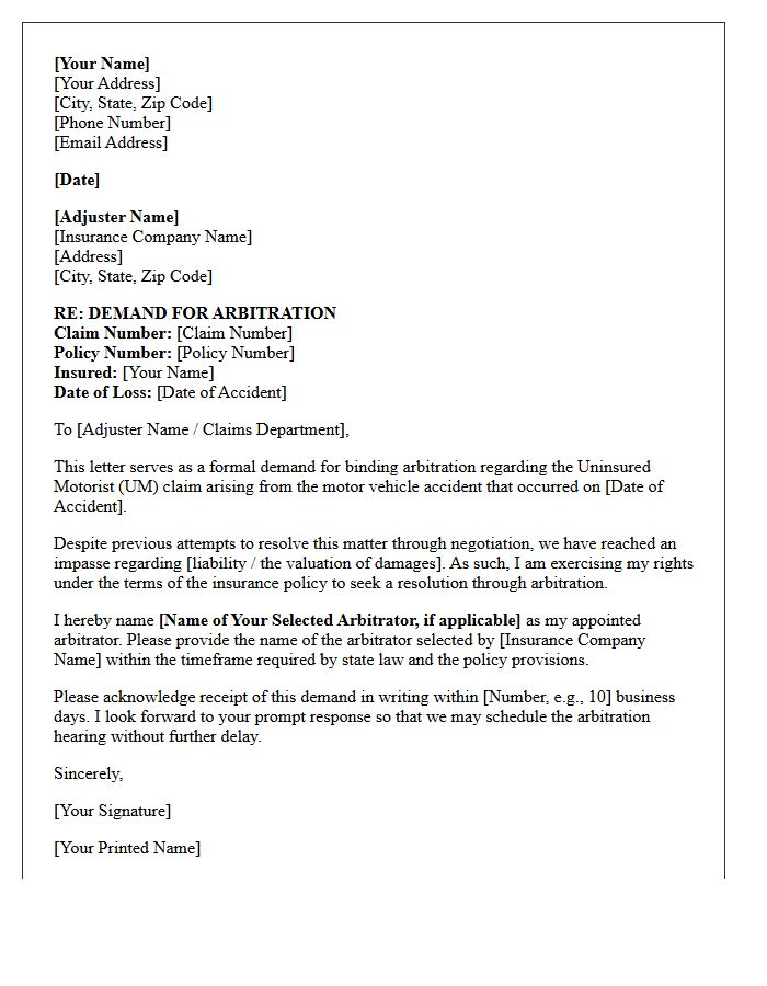 Arbitration Demand Uninsured Motorist Claim Letter