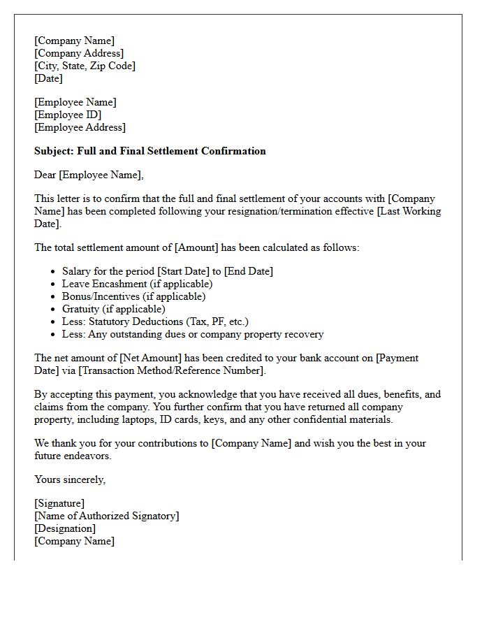 Full and Final Settlement Confirmation Letter
