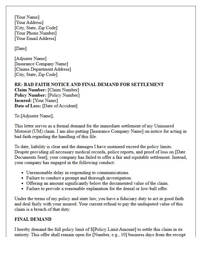 Bad Faith Uninsured Motorist Claim Demand Letter