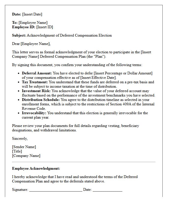 Deferred Compensation Acknowledgment Letter