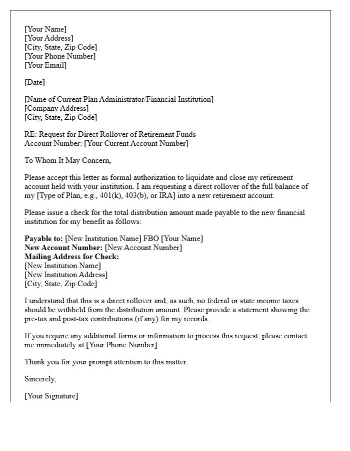 Retirement Savings Plan Rollover Letter