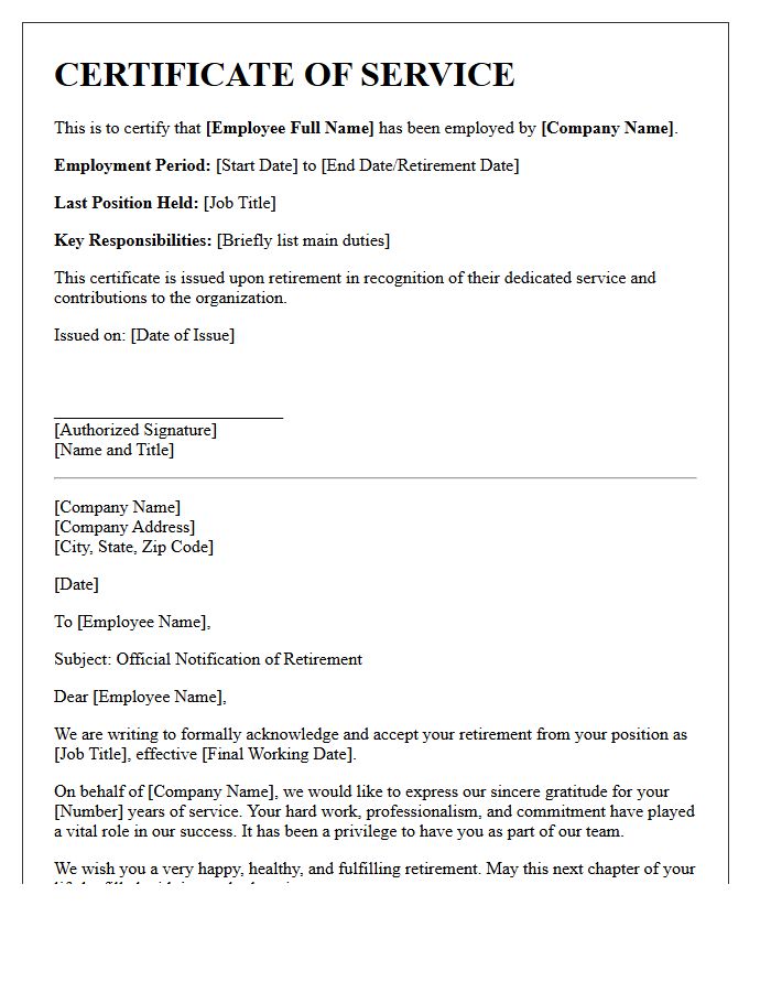 Certificate of Service and Retirement Letter